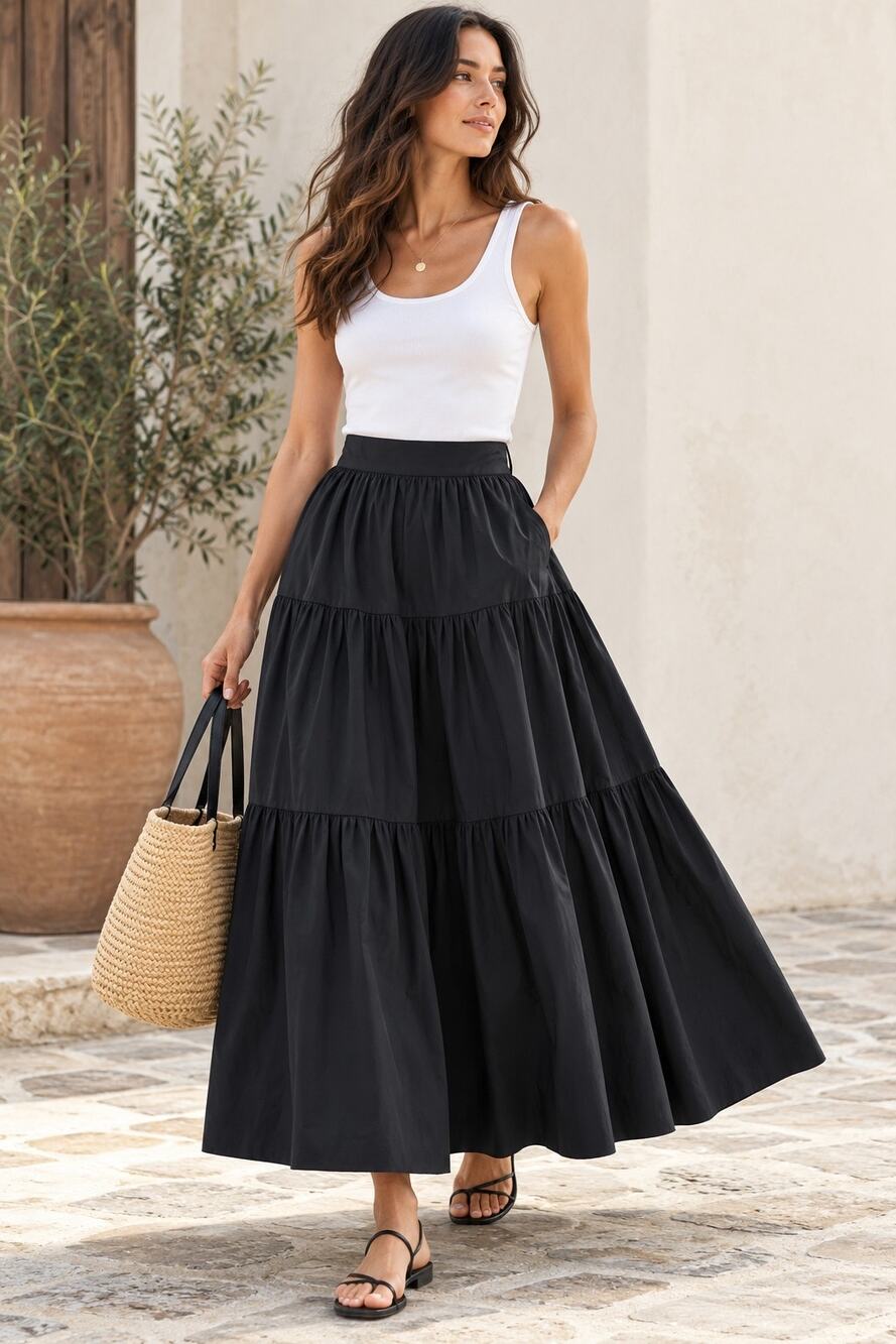 STAUD Sea Tiered Cotton Poplin Maxi Skirt Black Size 6 NWOT $225